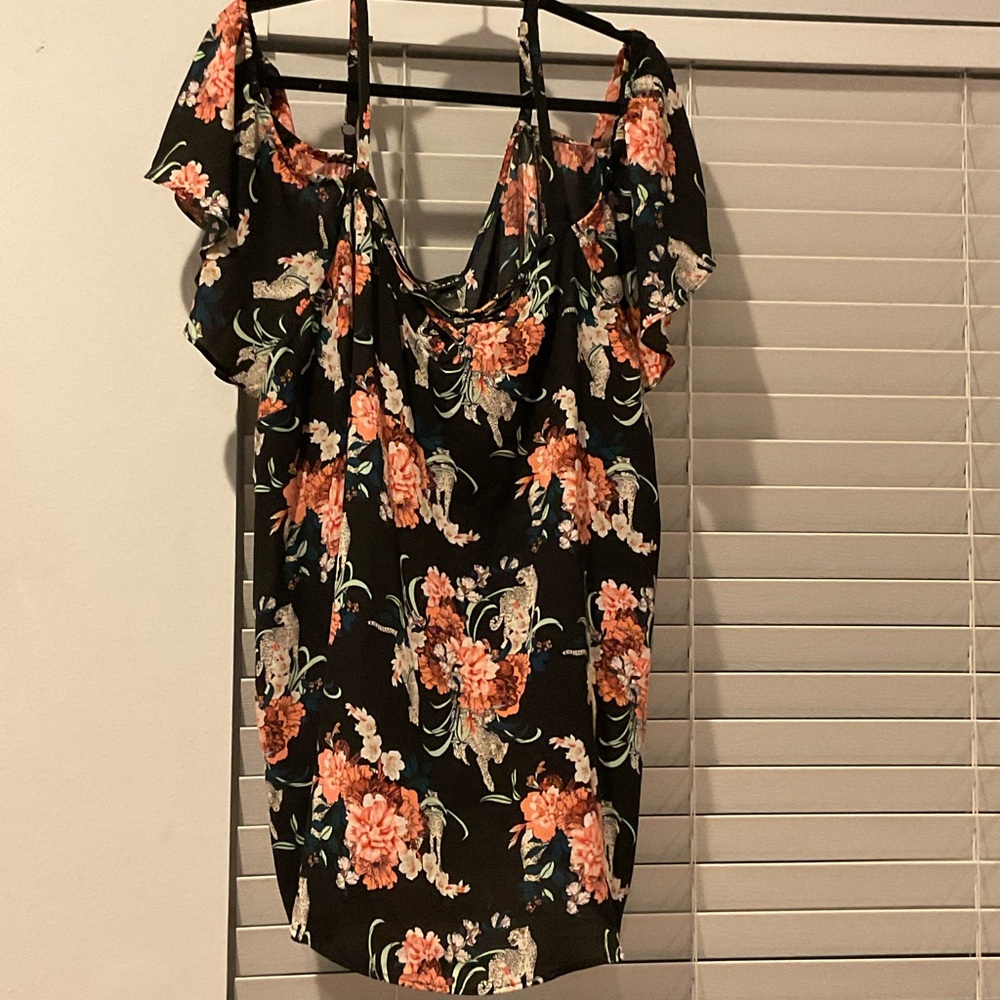 Black Floral Cold-Shoulder Dress with Orange Blooms